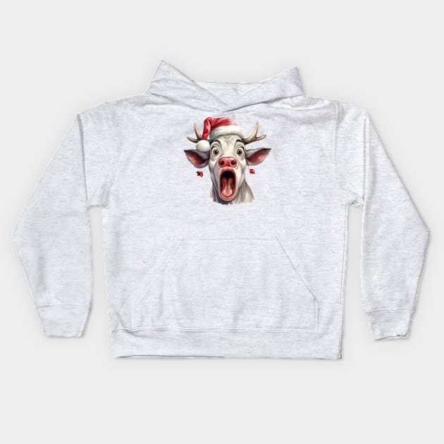 Funny Christmas Cow Face Kids Hoodie by Chromatic Fusion Studio